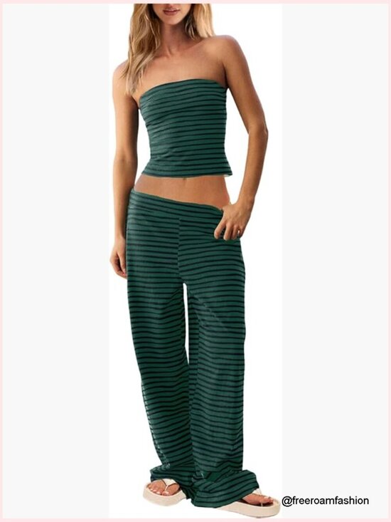 Pants - Women's Two Piece Striped Lounge Set Strapless Tube Top and Wide Leg Pants
